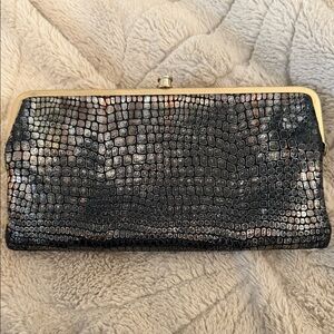 Hobo Gold Black Snakeskin Patterned Lauren Leather Double Frame Clutch GUC 🔥🔥🔥